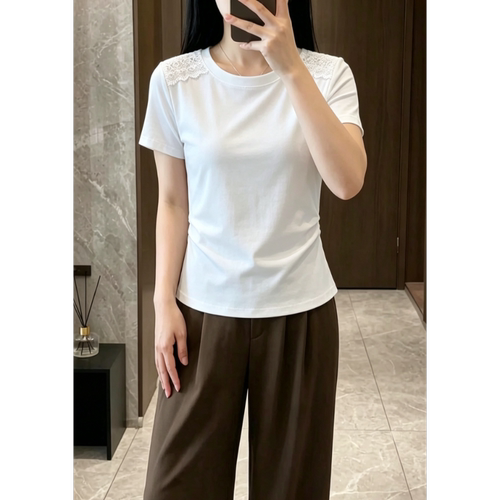 夏季大码胖mm出片漂亮休闲短袖T恤女蕾丝刺绣洋气修身百搭上衣