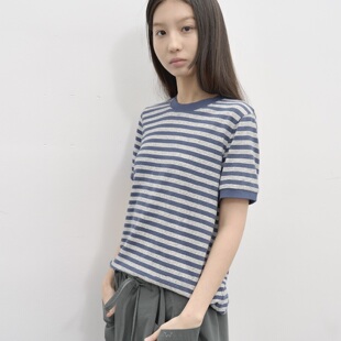 WITHSUUGAR｜棉麻正肩细条纹短袖 T恤