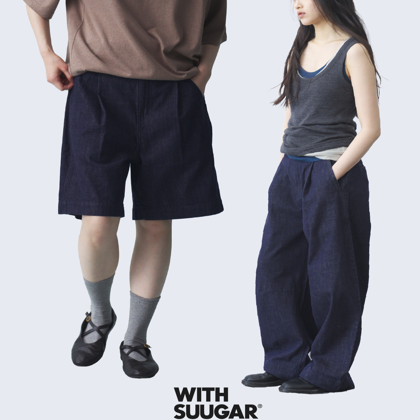 WITHSUUGAR｜全棉麻深蓝色水洗牛仔短裤男女夏薄款宽松阔腿牛仔裤