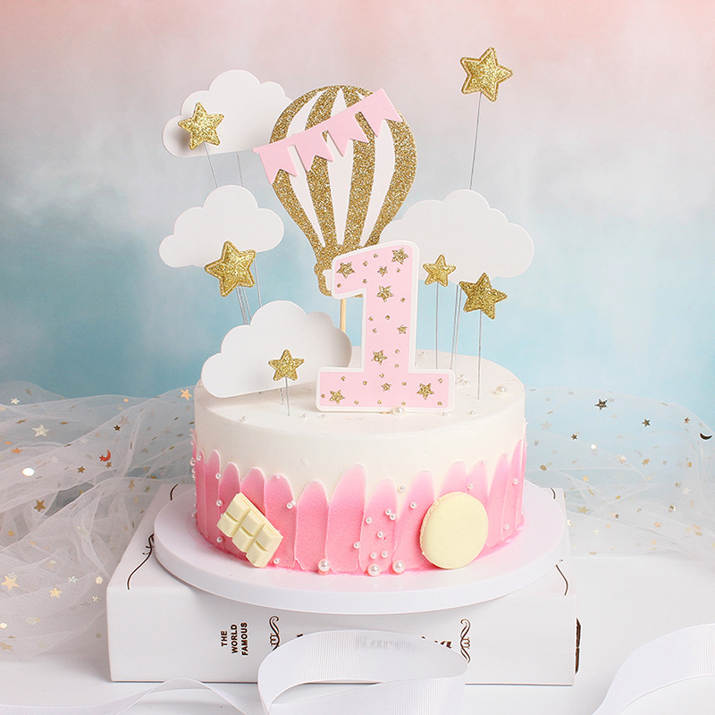 创意热气球星星云朵一周岁蛋糕插牌 宝宝周岁生日派对装饰插件