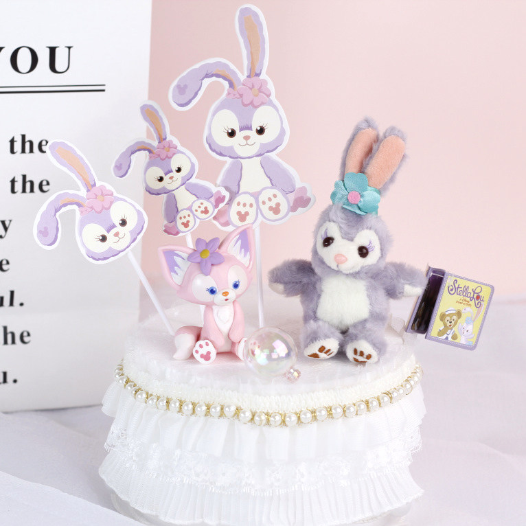 兔兔蛋糕装饰摆件网红紫色毛绒小兔子公主生日毛线公仔彩虹插件