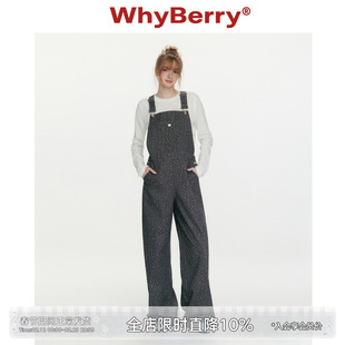 WhyBerry 26SS“草莓禁果”复古印花高腰牛仔背带裤阔腿纯棉长裤