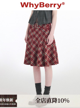 WhyBerry 24AW“反叛甜心”暗红色格纹半身裙A字中长款复古学院风