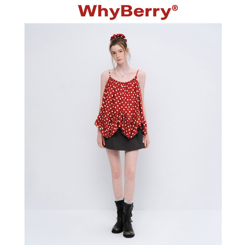 WhyBerry 26SS“野草莓”红色波点吊带背心女荷叶边上衣夏季新款