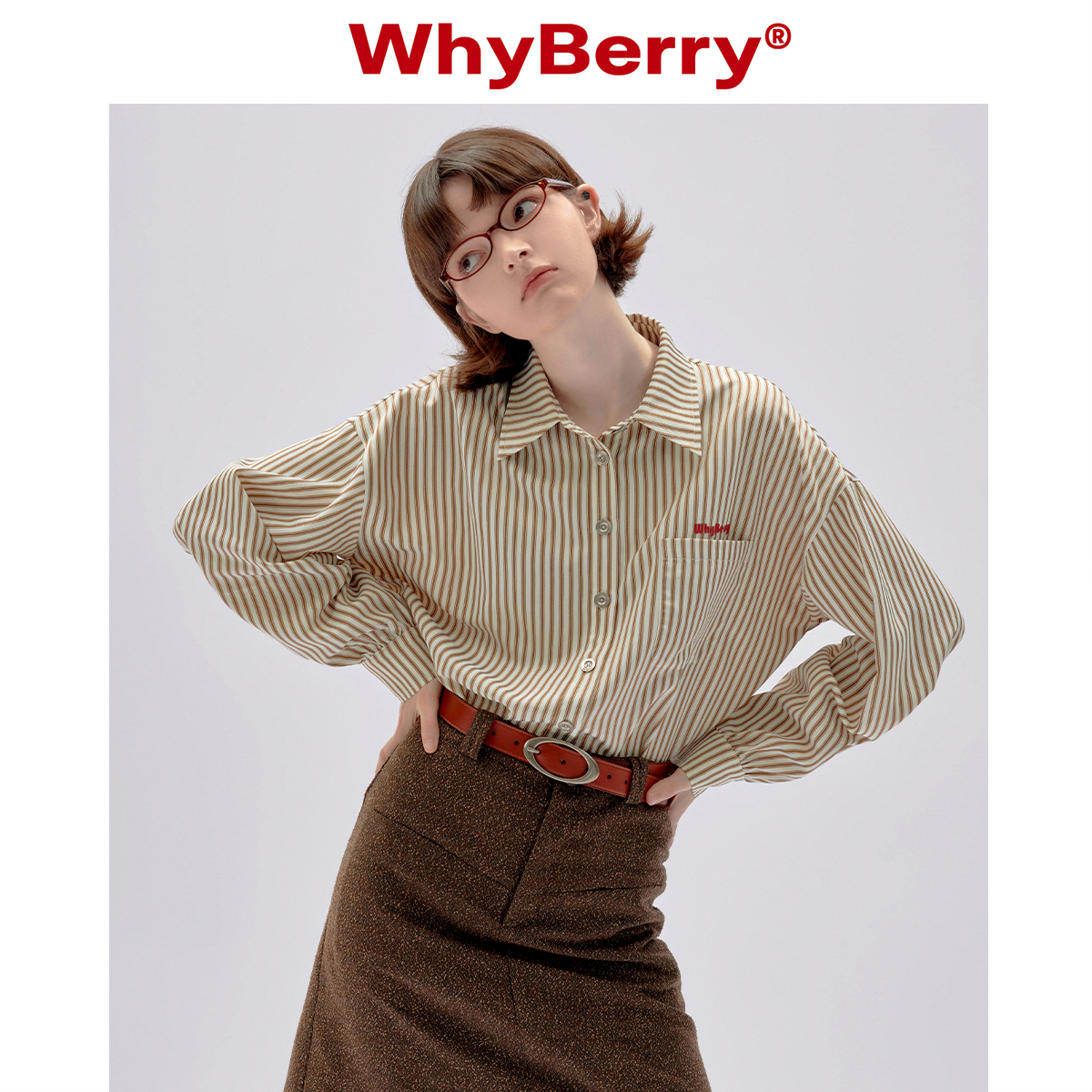 WhyBerry 23AW“简单松弛感”棕白百搭条纹衬衫黑白休闲长袖衬衣
