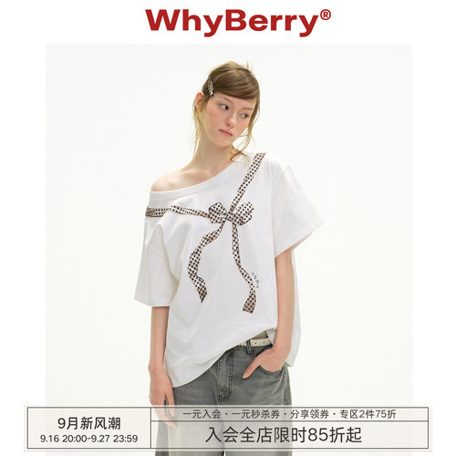 WhyBerry 26SS“少女丝带”斜肩蝴蝶结印花T恤露肩设计感短袖上衣
