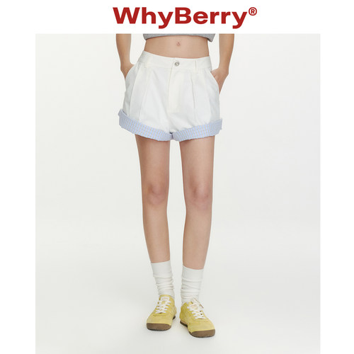 WhyBerry 26SS“清爽海日”翻边格纹拼接短裤女显瘦A字百搭阔腿裤