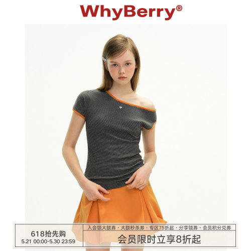 WhyBerry 26SS“草莓自我”斜肩条纹短袖t恤女露肩修身设计感上衣