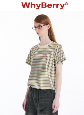 WhyBerry 24SS“青柠冰茶”复古宽松条纹T恤撞色休闲短袖女夏