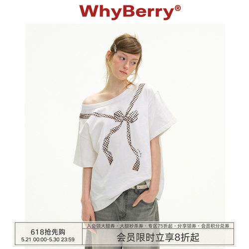 WhyBerry 26SS“少女丝带”斜肩蝴蝶结印花T恤露肩设计感短袖上衣