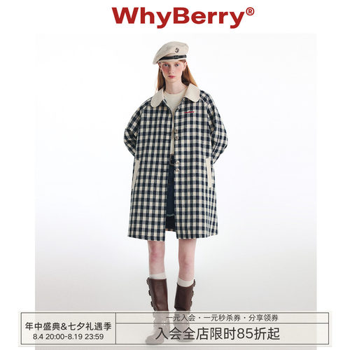 WhyBerry 24AW“蓝莓华夫饼”复古格纹风衣中长款英伦风外套秋冬