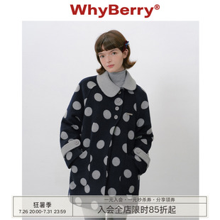 WhyBerry 25AW“珍贝少女”波点斜领中长款大衣复古撞色毛呢外套