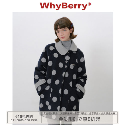 WhyBerry 25AW“珍贝少女”波点斜领中长款大衣复古撞色毛呢外套