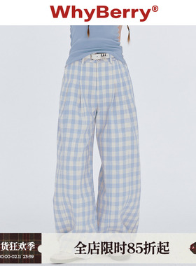 WhyBerry 24SS“清爽好穿”蓝白格子裤夏日长裤宽松休闲阔腿裤