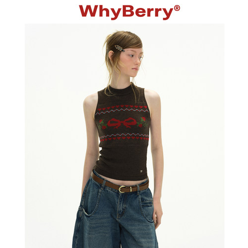 WhyBerry 26SS“草莓次元”复古蝴蝶结挂脖针织背心新款无袖上衣