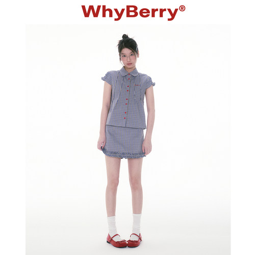 WhyBerry 25SS“摘星魔女”小飞袖短袖衬衫复古撞色上衣夏季套装