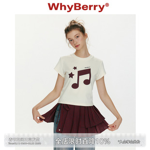 WhyBerry 26SS“草莓乐章”音符印花短袖上衣女艺术感短款正肩t恤