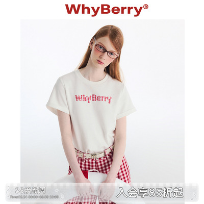 WhyBerry 24SS“草莓补丁”白色字母T恤简约短袖宽松上衣休闲风
