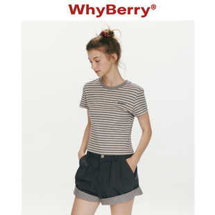 复古撞色条纹短袖 WhyBerry 26SS 盛夏午后 上衣 T恤女小个子短款