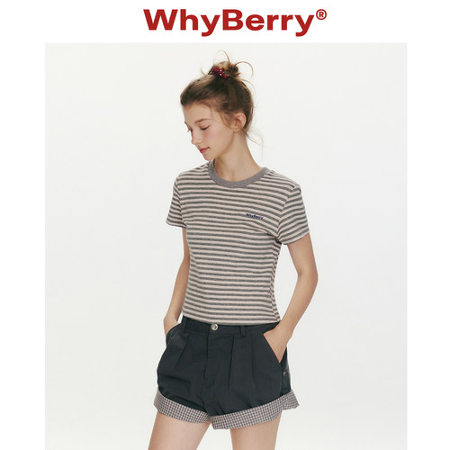 WhyBerry 26SS“盛夏午后”复古撞色条纹短袖T恤女小个子短款上衣