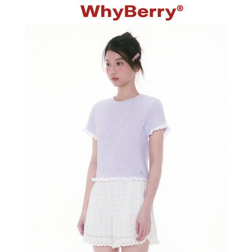 WhyBerry 25SS“芋泥菠萝派”泡泡褶皱短袖修身柔软甜美T恤夏日