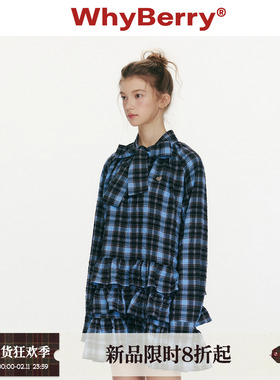 WhyBerry 26SS“暮色蔷薇”蓝色格纹绑带连衣裙荷叶边长袖短裙女