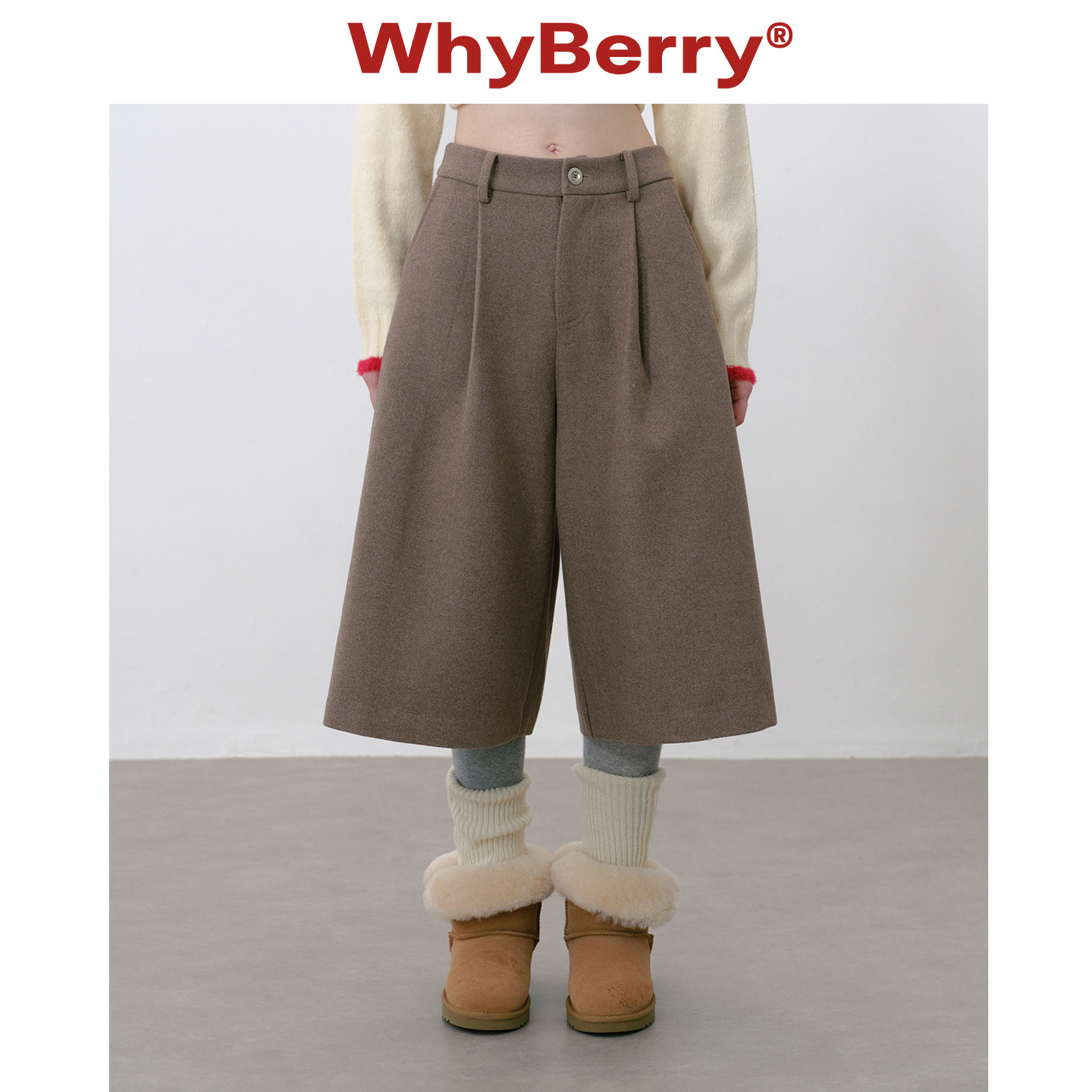 WhyBerry 25AW&ldquo;榛果摩卡&rdquo;棕色毛呢七分裤宽松休闲裤子女秋冬短