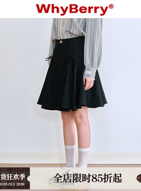 WhyBerry 24SS“庄园蝶影”A字百褶小短裙蝴蝶结半裙黑色密织绣花