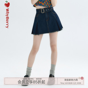WhyBerry 原创设计水洗毛边超A松紧腰超短牛仔裙附内衬 复古甜心