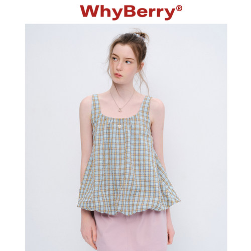 WhyBerry 26SS“夏日浮光”复古格纹方领背心外穿吊带花苞上衣女