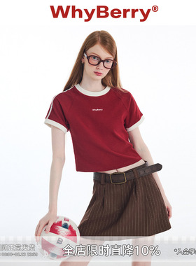WhyBerry 24SS“学院夏日”美式复古T恤撞色短袖插肩袖红色上衣女