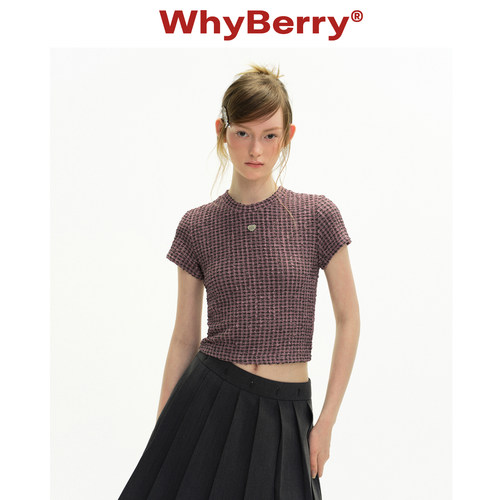 WhyBerry 26SS“炙烤菠萝”格纹撞色短袖t恤女甜辣修身短款上衣