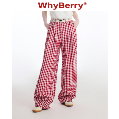 WhyBerry 24SS“甜心方程式”撞色复古宽松阔腿格子裤红白格裤