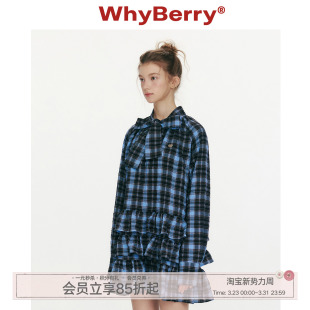 蓝色格纹绑带连衣裙荷叶边长袖 暮色蔷薇 短裙女 26SS WhyBerry