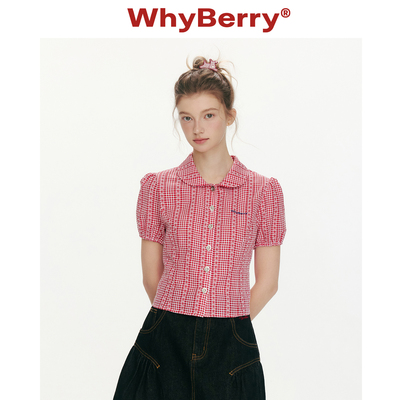 WhyBerry 26SS“花物语”红色格子娃娃领短袖衬衫百搭上衣女春夏