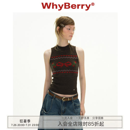 WhyBerry 26SS“草莓次元”复古蝴蝶结挂脖针织背心新款无袖上衣