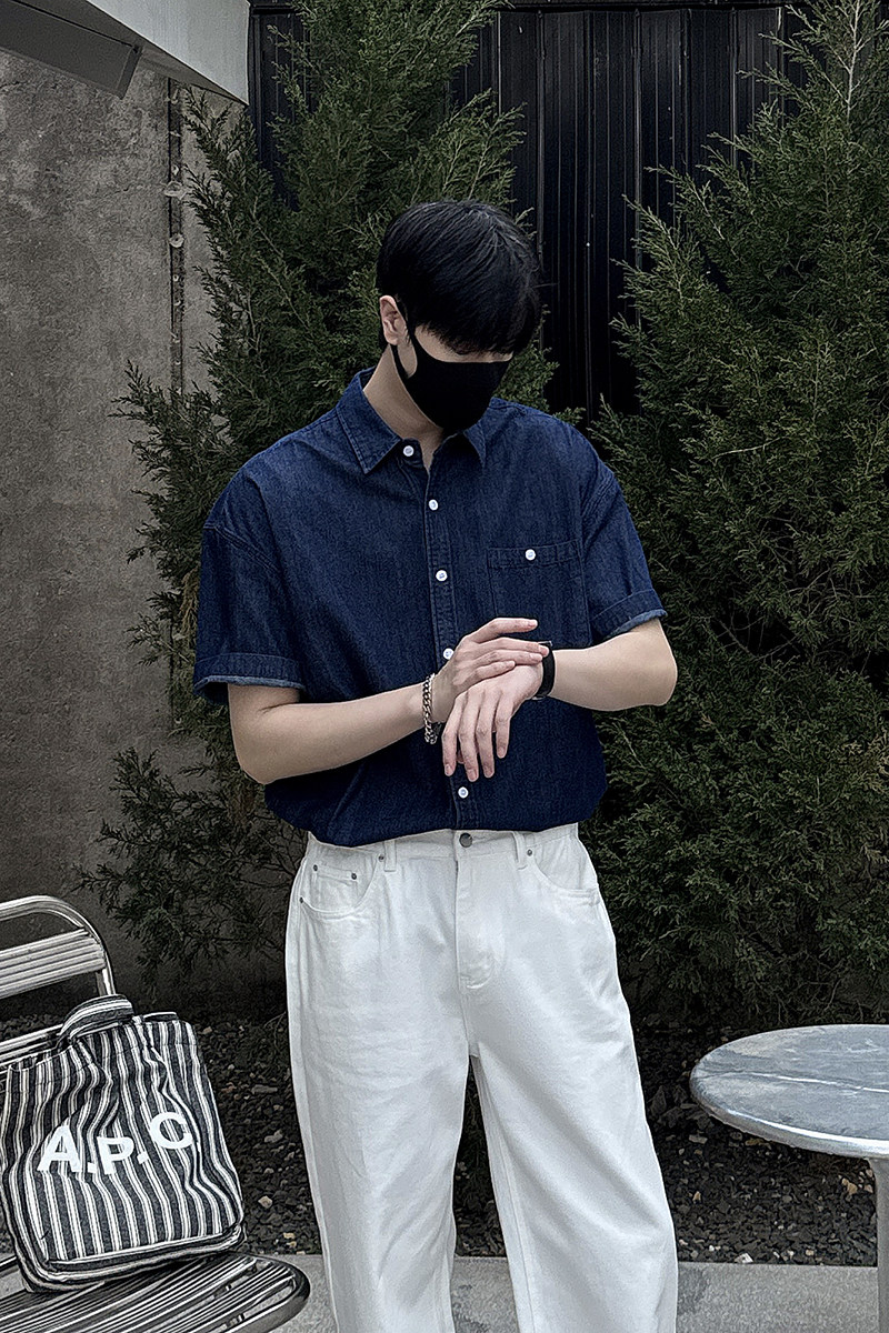 时尚水洗牛仔短袖衬衫S139/P65控88,男装衬衫,电商A242