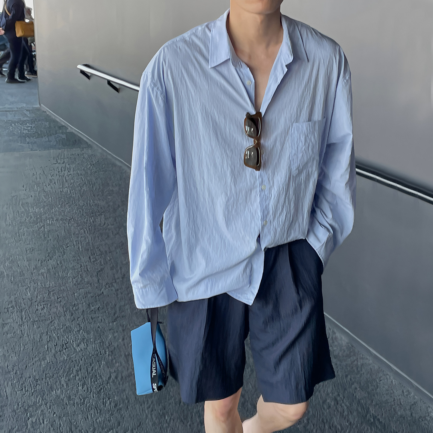 FEFFET夏日清凉宽松冷感可做防晒长袖衬衫蓝S140/P65控98,男装防晒衣,电商A242
