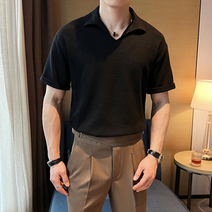 华夫格面料V领短袖男宽松POLO衫 军绿 ST52/P58 控88图片