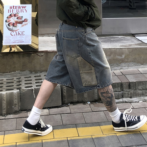 FEFFET高街拼色复古风水洗阔腿直筒五分牛仔短裤  N13/P85 控110图片