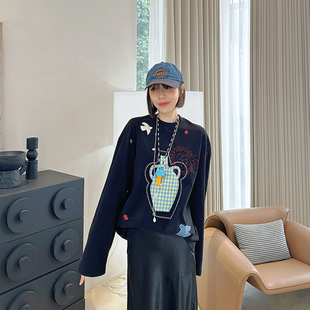 199元 T恤 趣味小众设计25春大水壶贴布刺绣宽松棉长袖