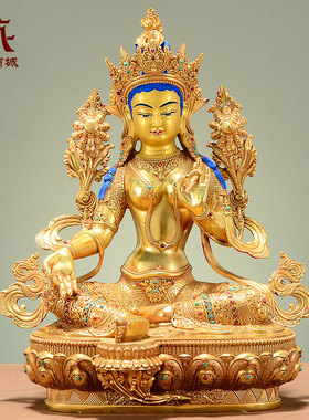 全鎏金绿度母宝石镶嵌铜像摆件