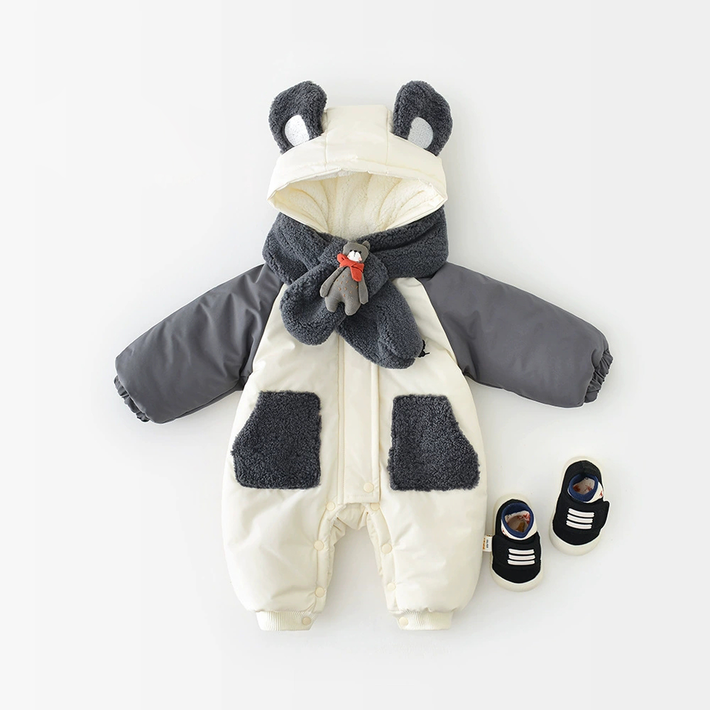 儿童韩版卡通小熊连帽保暖连体衣