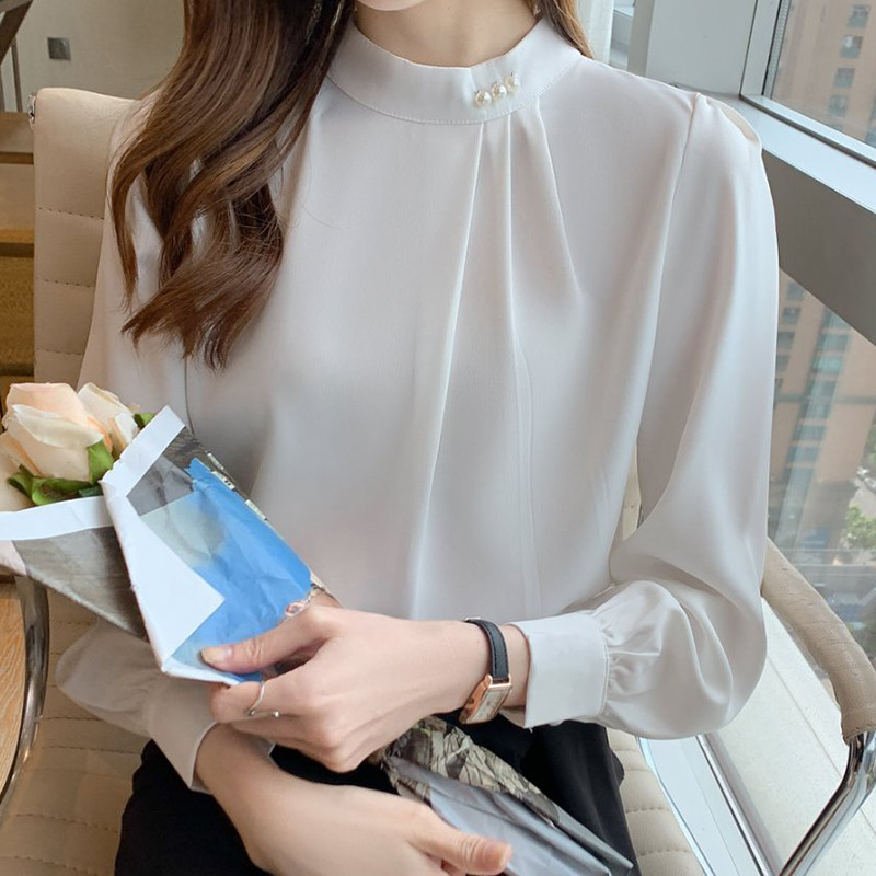缎面衬衫女长袖洋气钉珠打底衫2025春秋设计感小众雪纺衫衬衣