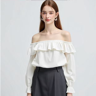 甜美简约颜色尺寸可定 长袖 一字领荷叶边露肩衬衫 衬衣女上衣秋新款