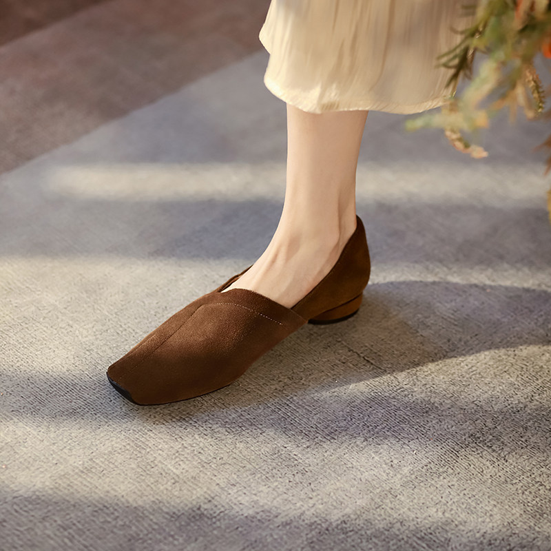 秋季复古方头平底牛反绒磨砂皮真皮单鞋子女乐福鞋低跟棕色不累脚,女鞋,乐福鞋（豆豆鞋）,淘宝优惠券,粉丝福利购,淘宝优惠卷