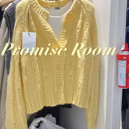 秋冬款鹅黄色圆领长袖针织开衫毛衣女慵懒风时尚软糯减龄外套上衣