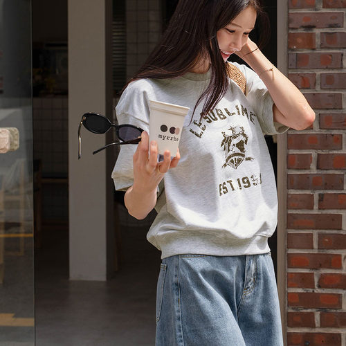 韩系印花圆领溜肩宽松短袖T恤女