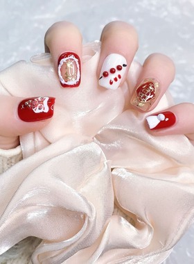 2025新年蛇年纯手工穿戴甲美甲醒狮大红色短款高级感甲片