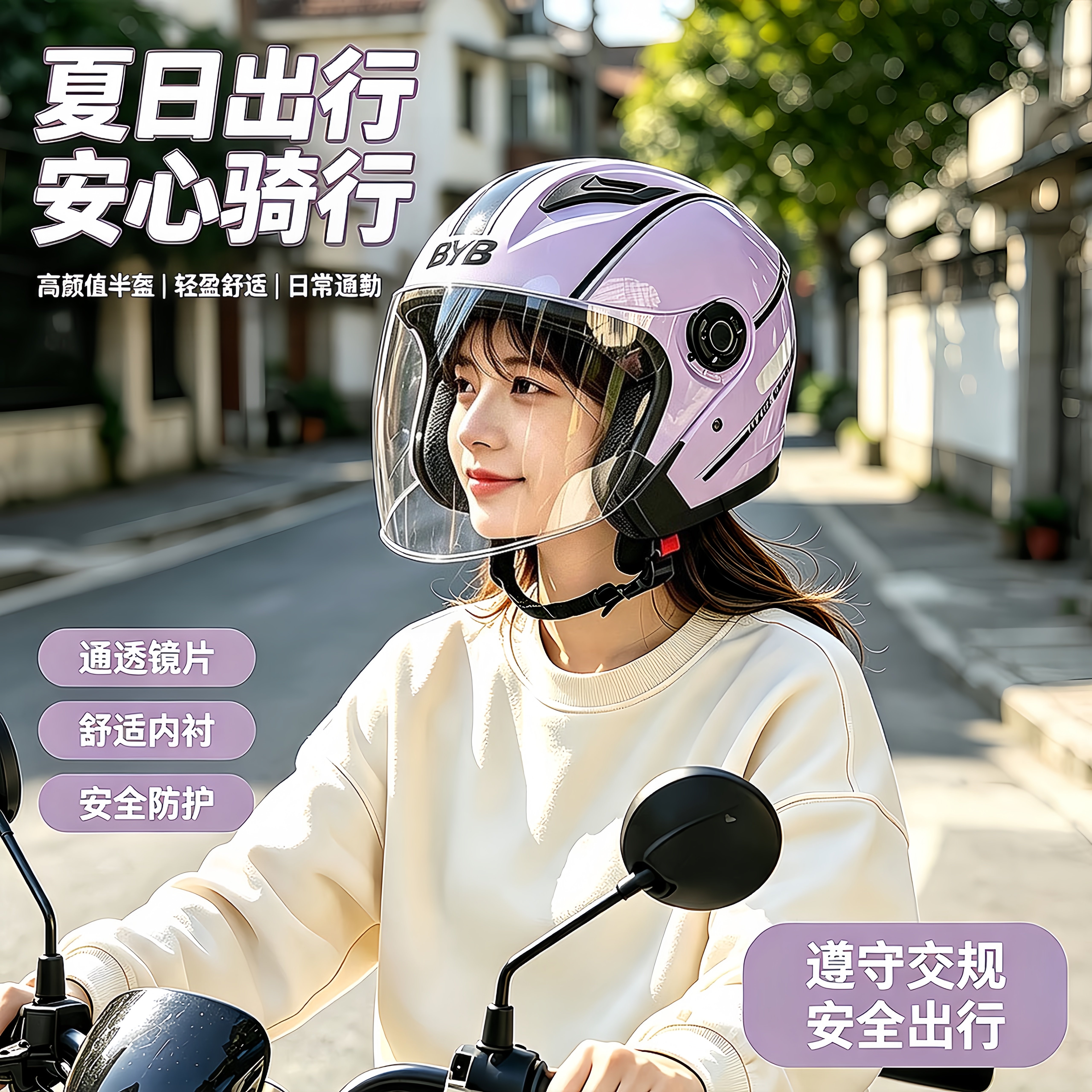 BYB头盔电动车女款不压头发3c认证四季通用四分之三防雾夏天头盔